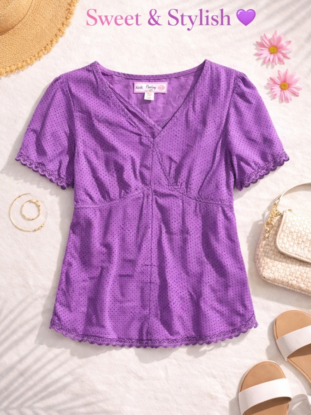 Koi by Kathy Peterson Purple Eyelet Blouse XS V-Neck Feminine Short Sleeve Top